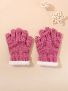 1 双儿童针织手套，带毛皮饰边，保暖针织内衬手套，适合男孩和女孩，秋冬季，适合学生户外使用
