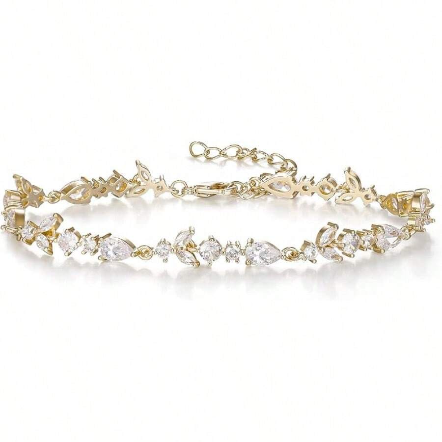 Crysdue Wedding Bridal Link Bracelet Brides Bridesmaids, Marquise Cubic Zirconia Tennis Bracelets Women Prom Jewelry - 02_金色 7.5-9.1英寸 - 查看 1