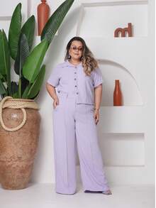 conjunto bia camisa e calça pantalona tem elástico nas costas Simples Botões na frente Botão Bolso tecido duna Férias - Roxo - Visão 4