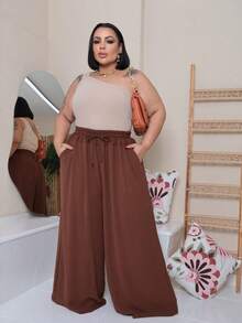Maxi Pantalona Plus Size Without Slit Duna Fabric Elastic Waist - Rust Brown - View 1