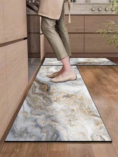 1pc Silica Gel Kitchen Floor Mat With Marble Texture Pattern, Presenting Natural Marble-Like Colors And Veins In Gray, White, And Gold, Flowing And Elegant Texture, Luxury And Fashionable Kitchen Carpet With Cushion And Anti-Fatigue Design
