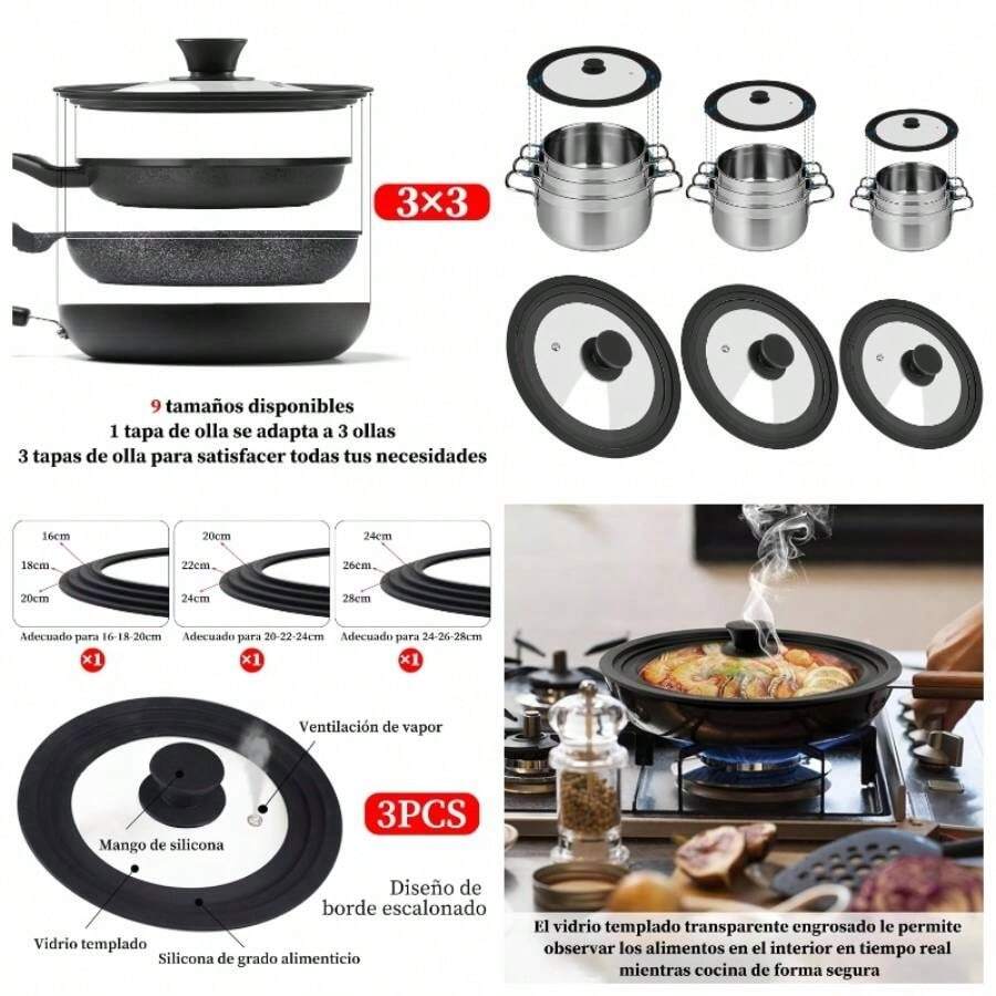 Juego de tapas para sartenes universales de 3 piezas, Tapa para sarten de silicona templada, Adecuada para sartenes, Ollas, Sartenes y otros utensilios de cocina con un dimetro de 16 - 32 - inicial - Ver 1