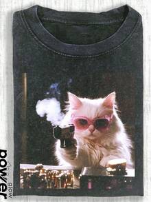 Cute Cat Funny Graphic Graphic T-ShirtMen's Cotton T-Shirt, 230G Washed Short-Sleeve T-Shirt, Suitable For Halloween, Christmas And Spring Festival Gifts - 黑色 - 查看 1