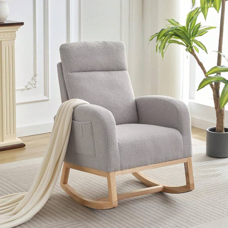 Silla Mecedora para Nursery con Respaldo Alto y Bolsillo Lateral, Sillón de Lactancia con Patas de Madera de Caucho para Sala, Dormitorio y Cuarto de Bebé – Mueble Moderno & Baby - Gris Claro - Ver 1