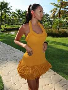 Elegant Tassel Knitted Mini Dress For Women Sexy Spaghetti Straped Slim Party Dress Lady Backless Christmas Evening Dress 2024 - 黃色 - 查看 5