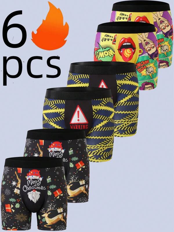 6-Piece Men's Boxer Shorts, Wedding Fun Pattern Printed Men's Four-Way Briefs, Fashionable Comfortable Men's Long Four- Briefs, Sports Men's Angle Shorts, Suitable For Christmas, Halloween, Four Seasons To Wear, A Gift For A Boyfriend.