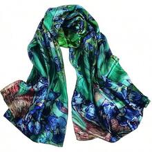 100% Mulberry Silk Scarf For Women Lightweight Long Scarves Beach Wraps Cover Up -Travel Photography Scarfhalloween - 藍綠鳶尾 - 查看 12