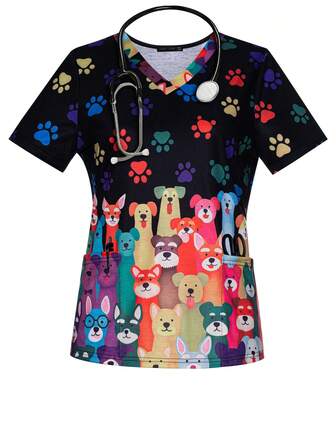 Uniformes de enfermera con cuello en V, manga corta, estampado de perros y huellas de patas, para primavera y verano, con bolsillos para mujeres