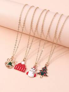 4pcs Minimalist Christmas Tree & Snowman Necklace Set, Everyday Wear Necklace With Pendant, Charm, Bell For Women