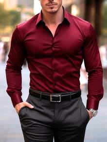 男士简约商务正装长袖衬衫 - 酒紅色 - 查看 2