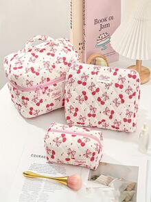 大号可爱粉色绗缝化妆包套装，时尚拉链化妆包，女士旅行洗漱包（樱桃蝴蝶结）