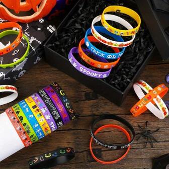 10pcs/20pcs Halloween Party Gift - Evil Spirit Bracelets With Bats, Pumpkins, Ghosts, Trick Or Treat Phrases - , Easy-To-Wear Party Favors For Trick Or Treating, Haunted Houses, Classrooms - Gift Bag Fillers, Candy Party Decorations - Durable Silicone Material, Halloween Accessories, Festive Bracelets