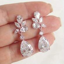 Emmaya Women's Elegant Wedding Earrings - Teardrop Floral Synthetic  Stud Earrings, Bridal Jewelry, Suitable For Weddings, Formal Occasions And Special Events, Evening Wear, Sparkling Design, Fine Craftsmanship, Fashion Enthusiasts - 白金 - 查看 8