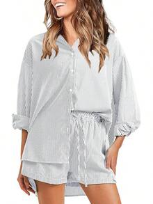 EXLURA - Conjunto de 2 piezas para mujer, de manga larga con botones, conjunto corto a juego, pijama de gran tamaño - Caqui - Ver 8