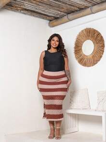 Plus Size Midi Skirt With Openwork Fabric In Modal Knit, Elegant, Casual - Beige With Brown - View 1