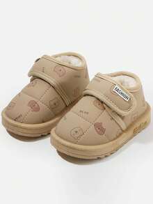 1 par de zapatos de invierno para niños con diseño de oso de dibujos animados, decorados con y peluche, de estilo plano y lindo, fáciles de poner y quitar, adecuados para otoño/invierno, para uso diario en interiores y exteriores, y para viajes cortos