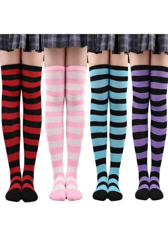 1 Pair Of Christmas Stockings - Striped Thigh-High Socks For Women, Over-The-Knee Socks Suitable For Christmas, Halloween, Cosplay & Party Occasions; Dance, Festival & Party Socks, Concert & Game Leg Warmer Decorative Long Socks; Foot Protection & Warmth Long Stockings, 4-Season Usable Socks, Ideal For Festivals, Birthdays, Parties, Dances, Performances, Game Watching, Foot Protection & Styling