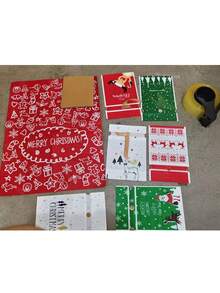 7个/套圣诞礼品袋，带抽绳，7种款式，圣诞礼品袋，圣诞糖果袋，圣诞派对回礼袋，糖果袋，带丝带封口 - 紅白色 - 查看 8