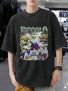 Unisex Anime Pattern Washed Cotton T-Shirt - Unisex Short Sleeve Round Neck Retro T-Shirt, Vivid Character Design, Loose Fit, Available In 6 Sizes, Suitable For All Seasons Casual Wear, Anime T-Shirt, Medium Stretch Fabric - 黑色 - 查看 1