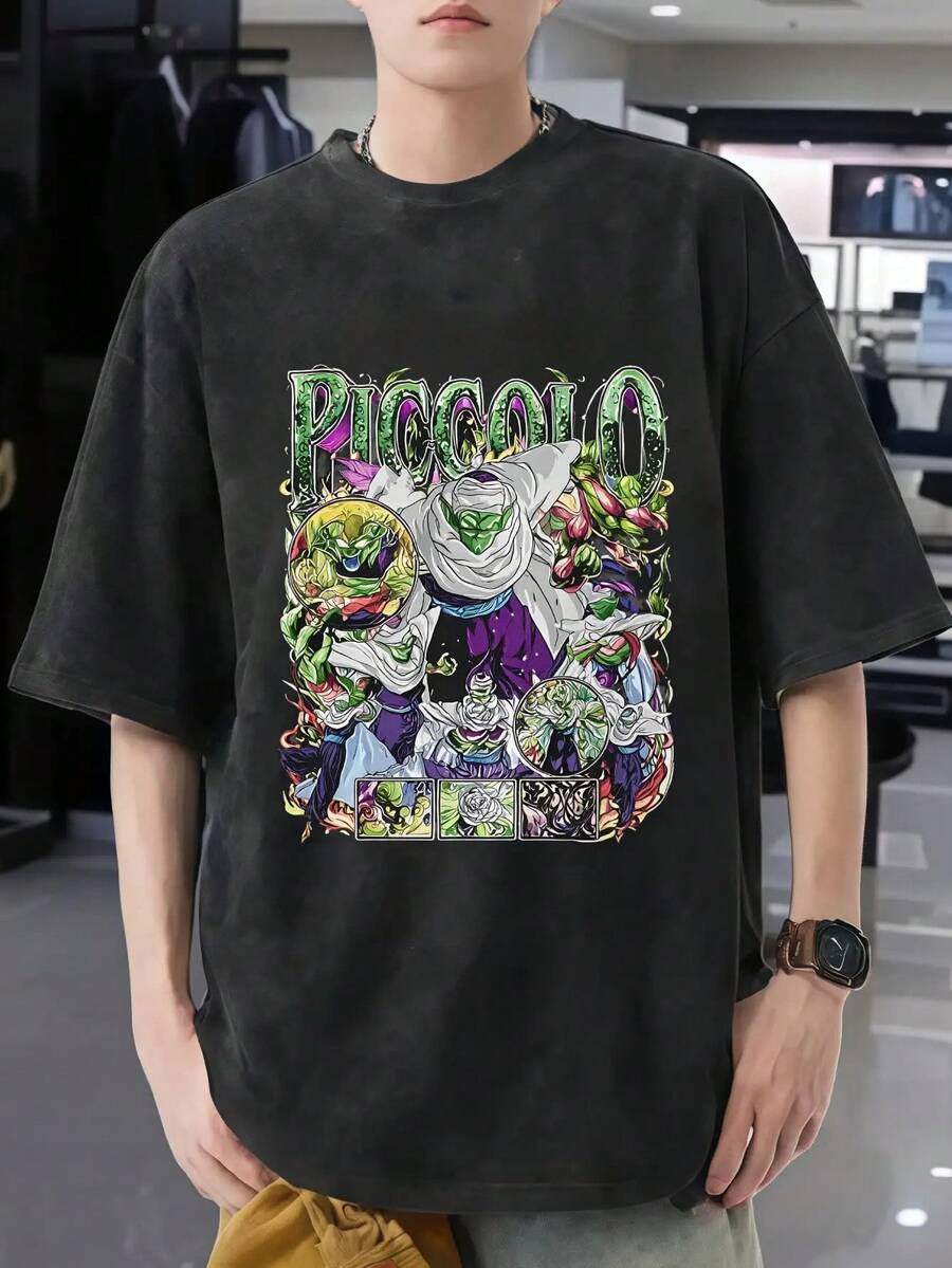 Unisex Anime Pattern Washed Cotton T-Shirt - Unisex Short Sleeve Round Neck Retro T-Shirt, Vivid Character Design, Loose Fit, Available In 6 Sizes, Suitable For All Seasons Casual Wear, Anime T-Shirt, Medium Stretch Fabric - 黑色 - 查看 1