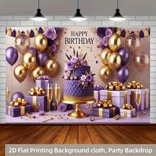 2D Flat, 1pc Luxury Purple & Golden Birthday Party Backdrop Banner - 8x6ft Polyester Fabric With Balloons, Cake, Gifts & Floral Design For Indoor/Outdoor Celebrations, Photo Booth Background, Home, Garden, Studio Decor, Birthday Party Decorations, Festive Event Decoration, Elegant Decoration, Durable Decoration, 2D Flat - Nhiều màu - Xem 1