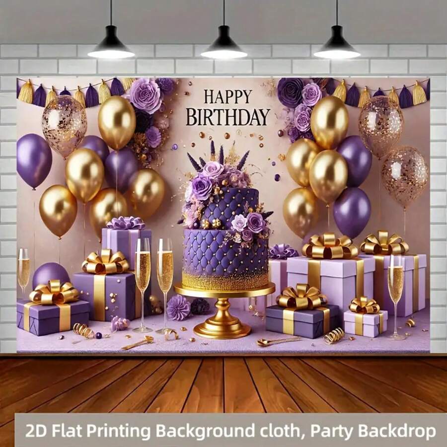 2D Flat, 1pc Luxury Purple & Golden Birthday Party Backdrop Banner - 8x6ft Polyester Fabric With Balloons, Cake, Gifts & Floral Design For Indoor/Outdoor Celebrations, Photo Booth Background, Home, Garden, Studio Decor, Birthday Party Decorations, Festive Event Decoration, Elegant Decoration, Durable Decoration, 2D Flat - Nhiều màu - Xem 1