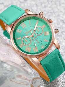 6pcs/Set Colorful Dopamine Element Cartoon Quartz Watches With PU Leather Strap, Round Dial And Heart-Shaped Bracelet Jewelry, Suitable For Parties, Daily Wear, Birthday Gift For Him