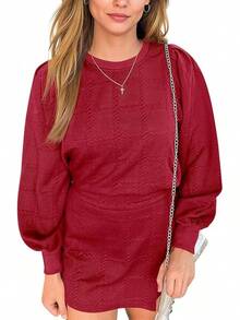 Tankaneo - Conjunto de sudadera de 2 piezas para mujer, diseño de farol, manga larga, cuello redondo, mini faldas asimétricas texturizadas - Caqui - Ver 7