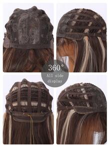 SMILCO 26Inch Straight Synthetic Wig With Brown Highlights & Bangs, Flattering & Easy Style, Perfect For Daily & Party, Limited Time Offer - 棕色挑染 - 查看 3
