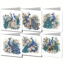 6件套DIY钻石画套装，蘑菇书、三口之家、花发女郎、孔雀动物主题贺卡，祝福与愿望，独特不对称形状钻石，纸质材料，手工工具及用品，适合长辈，节日派对DIY手工礼物 - 彩色 - 查看 15