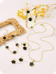 5PCS/Set Lucky Flower Design Alloy Jewelry Set - Fashion Gift For Women, Suitable For Daily Wear, Ideal Gift For Girlfriend/Wife Valentine's Day Accessories