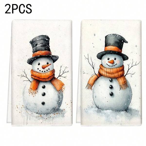 2 pièces/100 pièces Serviettes de cuisine et lavettes imprimées avec motif mignon de bonhomme de neige de Noël, convient pour restaurant, cuisine, salle de bain, décoration intérieure, décoration de fête, cadeaux de Noël