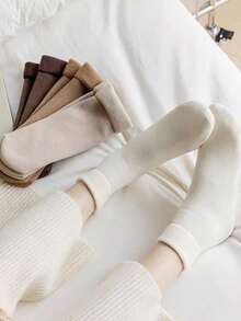 5 pares de calcetines de nieve de colores de la tierra para mujeres, calcetines de tubo medio verticales de otoño e invierno, calcetines esponjosos y calcetines de piso cálidos con engrosamiento de lana, adecuados para uso diario y diversas ocasiones, color aleatorio