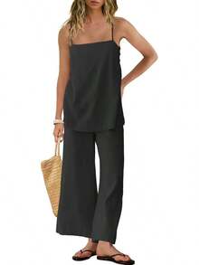 2 Piece Linen Set Summer Travel Beach Vacation Outfit Sexy Spaghetti Strap Tank Top And Pants With Pocketshalloween - Dark Brown - 查看 2