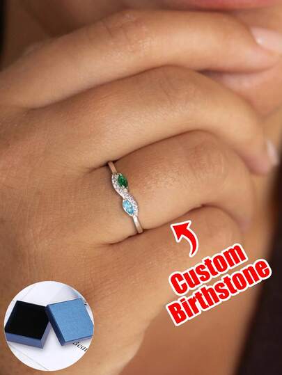 Dainty And Delicate Women's Customized Double Marquise-Cut Birthstone Ring. A Meaningful Family Ring Gift For Her, Girlfriend, Mom, Grandmother, Family, Friends - Perfect For Anniversaries, Valentine's Day, Mother's Day, Birthdays, Graduations, Daily Wear, Weddings, Proms, Or Any Special Occasion.