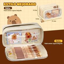 Bonito Estuche para Lpices de Carpincho, Caja de Almacenamiento de Papelera con Pegatinas y Otras decoraciones, Lapiceras Escolares de Gran Capacidad con 4 Compartimentos para La Escuela, Oficina - Blanco+25 - Ver 8