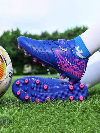 1 Pair Kids' Breathable Leather Cleats With Long Studs, Anti- Lawn Soccer Shoes For Daily Training And Professional Football, Unisex