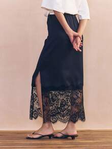 Women's Lace Satin Maxi Skirt Elastic Waist High Rise Floral Lace Patchwork Bodycon Maxi Skirts Y2k  Silk A-Line Side Split Summer Long Skirts Casual Party Club Cocktail Wear Streetwear - 藏蓝色 - 查看 2