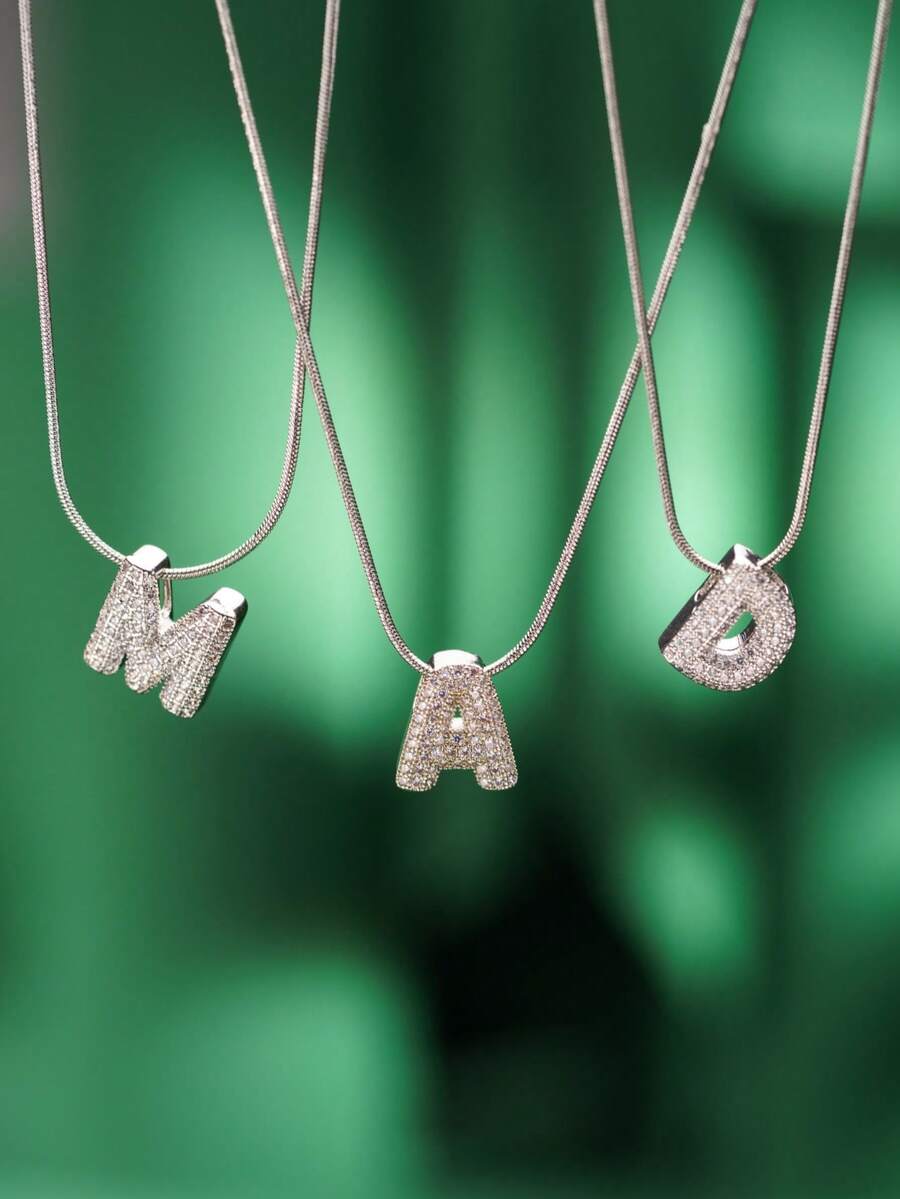 1pc Fashionable Bohemian Style Stainless Steel Necklace With 26 Cubic Zirconia Letter A-Z Pendants, Stainless Steel Snake Chain Jewelry, Suitable For Men And Women Everyday Wear - Silver - View 1