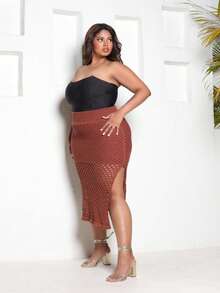 Plus Size Midi Skirt With Openwork Fabric In Modal Knit, Elegant, Casual - Brown - View 7