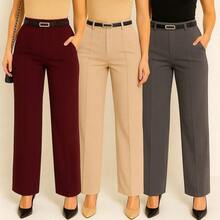 Kit Of 3 Women's Tailored Wide Leg Pants With Belt - 灰色 / 米色 / 酒紅色 - 查看 3