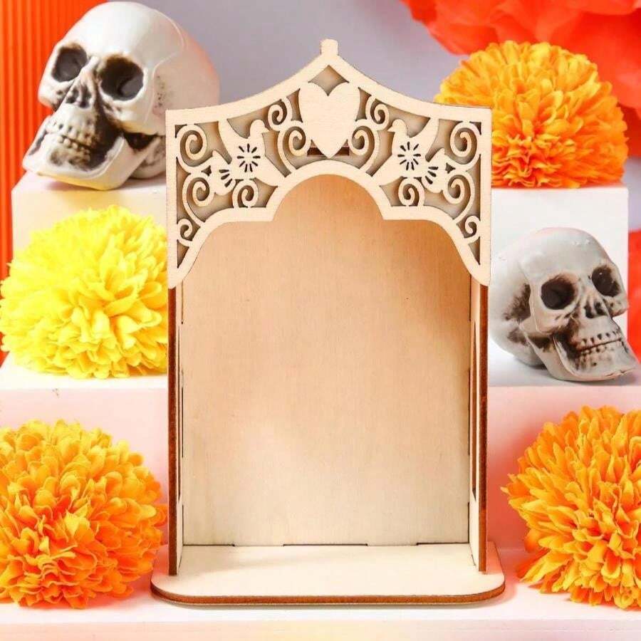 Qunclay 1 Pcs Dia De Los Muertos Altar Ofrenda Box, Poplar Plywood Self-Painting Color Sacred Heart And Pigeon Papel Picado The Day Of The Dead Supplies For Dia De Los Muertos Decorations (Large)
