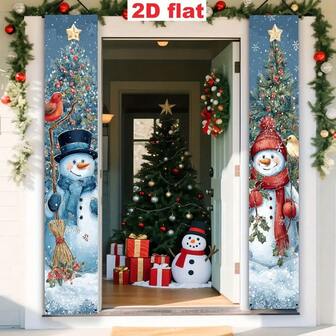 2D Flat Banner Party Flag, 2 Pieces Set Of Polyester Material, Christmas Themed Door Decoration - Snowman And Tree Design, Suitable For Hanging On Holiday Porches And Indoor And Outdoor Walls, No Power Required, 2D Flat