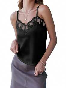 Women's Satin Camisoles Spaghetti Strap Delicate Lace Trim Sleeveless Tops Comfortable Summer Vest - Black - View 7