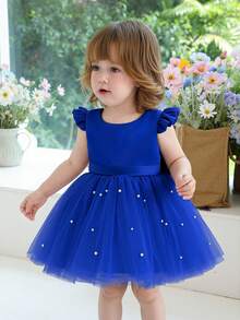 女婴短袖蝴蝶结薄纱派对礼服，优雅公主裙，适合作为一周岁生日礼物、宴会、晚宴礼服 - 藍色 - 查看 3