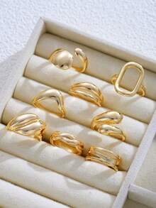 8pcs Exaggerated Wide Metal Open Ring Set, Thick Smooth Asymmetrical Geometric Stackable Rings, Women Party Music Festival Accessories - Gold - View 6