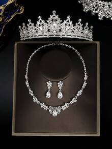 Classic Crystal Crown Necklace & Earrings Set, Fashion Jewelry Set For Brides, Bridesmaids, European & American Style