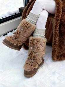 Faux Fur Snow Boots For Women Fuzzy Fluffy Furry Lace Up Mid Calf Boots Winter Warm Fur Boots For Christmas - 棕色 - 查看 2