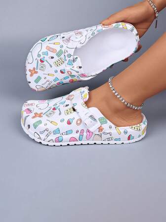 Women's Fashion Printed Breathable EVA Clogs, Lightweight Non-Slip Work Shoes, Adjustable Buckle Soft Sole Suitable For Beach, Garden, Autumn