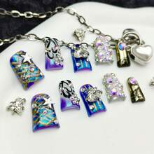 10pcs Pure Hand-Wom Nail,Cyberpunk Y2K Glam Stiletto Press - On Nails | Blue - Purple Ombre With Metallic Silver, 3D Metal Star & Heart Charms, Aurora Rhinestones & Iridescent Gems | Shimmer Finish Fake Nails - Perfect For Halloween Festivals, Clubbing & Edgy Street Style - 藏蓝色 - 查看 9